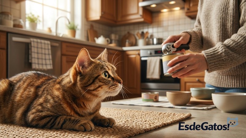 Un gato atigrado que levanta la cabeza de golpe hacia la cocina al oír el clic de una lata abriéndose, mientras su dueño