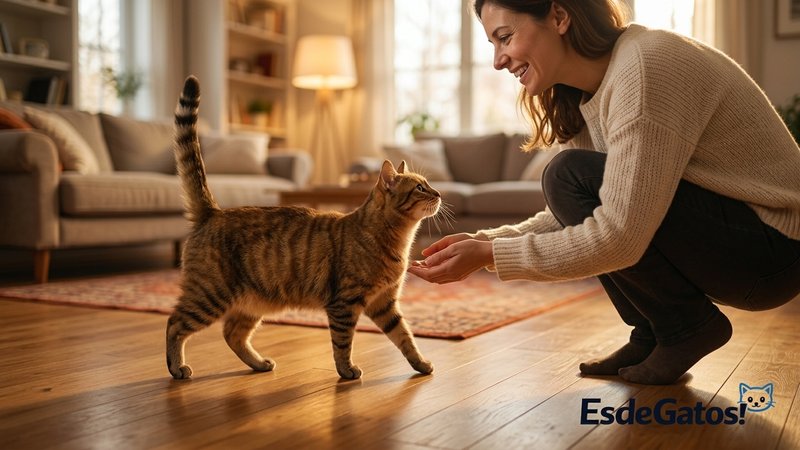 Un gato caminando hacia su dueña con la cola completamente recta y vertical en señal de saludo cariñoso, sobre el suelo