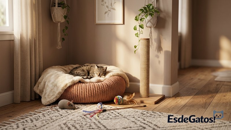 Un rincón privado y acogedor para una gata, con su camita, juguetes y un rascador en una habitación tranquila