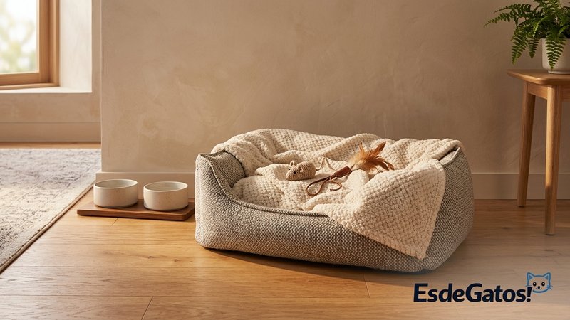 Un rincón privado y tranquilo preparado para una gata, con una caja acogedora, mantas limpias y luz suave