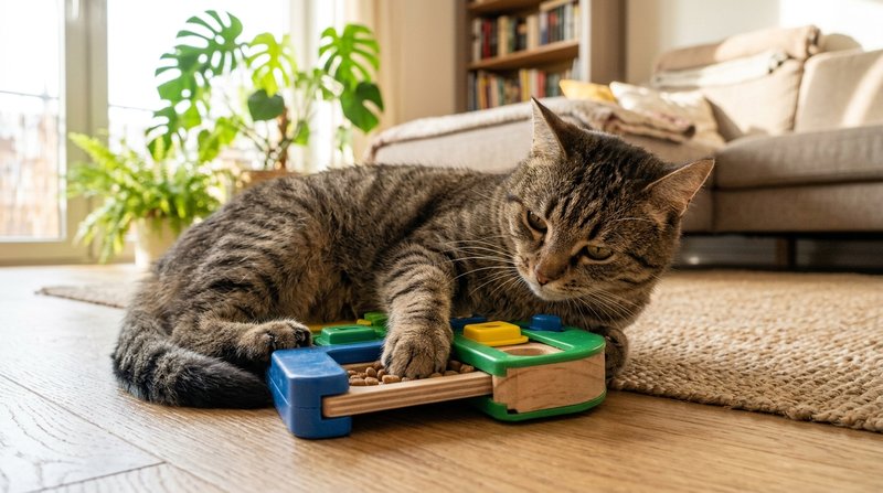 Un gato concentrado sacando croquetas de un comedero interactivo tipo puzzle sobre el suelo de un salón luminoso, patita