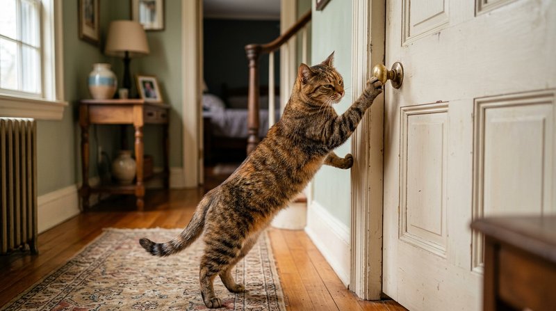 Un gato listo estirando la pata para accionar el pomo de una puerta entreabierta de una casa acogedora, gesto concentrad
