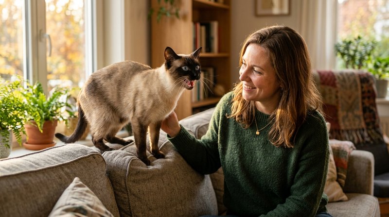 Un esbelto gato siamés de ojos azules maullando de frente a su dueño sentado en un sofá, actitud comunicativa y expresiv