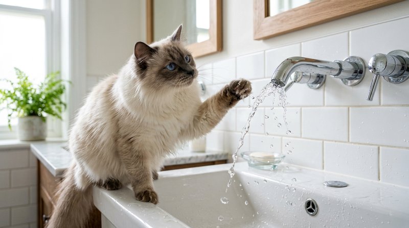 Un gato balinés de pelo largo y ojos azules jugando con el chorro de agua de un grifo abierto sobre el lavabo de un baño