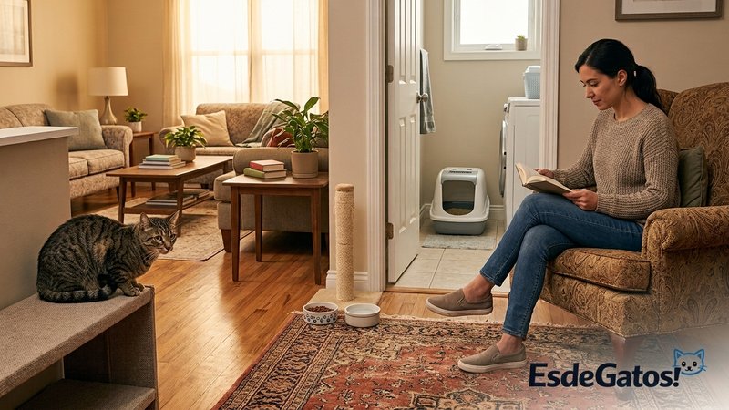Una sala donde una visita se sienta demasiado cerca del comedero y del paso