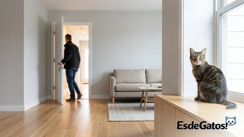 Una sala familiar donde una persona desconocida acaba de entrar y un gato observa