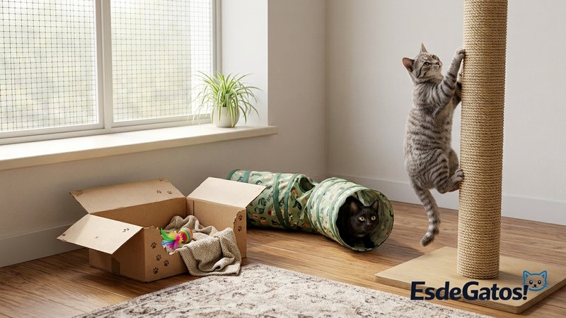 Una sala preparada para enriquecer la vida de un gato: un gato trepando por un rascador