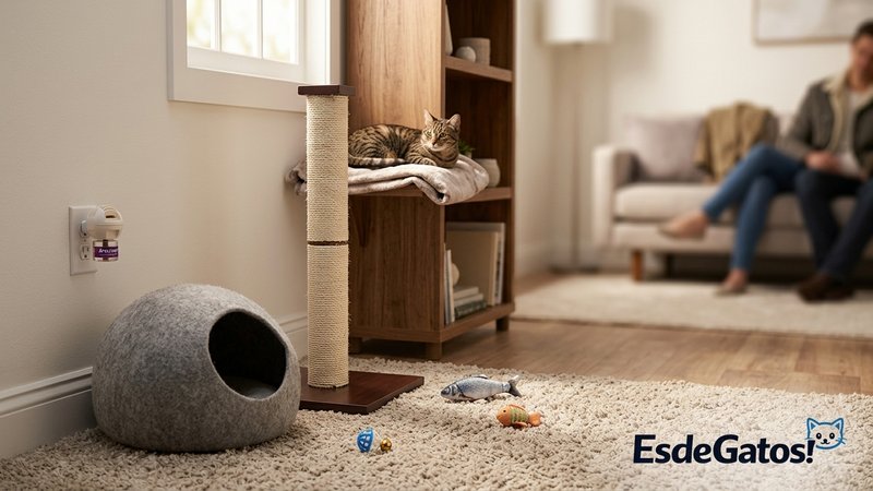 Una sala preparada para reducir el estrés de un gato con visitas: un difusor pequeño