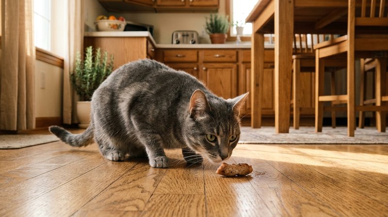 Un gato gris olfateando con cautela un trozo de salchicha caído en el suelo de una cocina ordenada, luz dorada de mañana