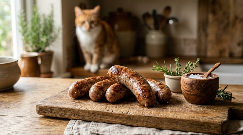 Varias salchichas y un salero de madera sobre una tabla rústica en una encimera de cocina, con un gato observando desenf