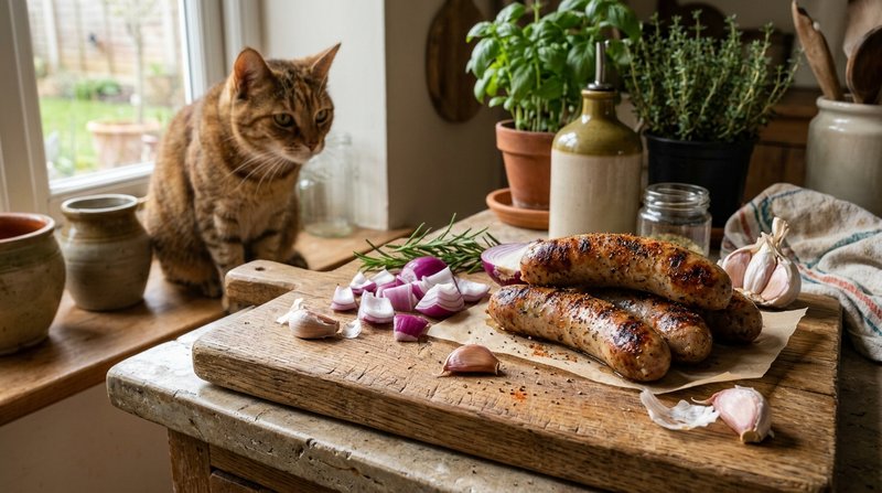 Salchichas condimentadas junto a dientes de ajo y trozos de cebolla sobre una tabla de madera en una cocina, con un gato