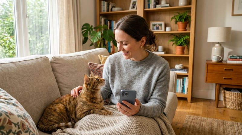 Una mujer observando con atención a su gato mientras sostiene el teléfono en la mano en un salón luminoso, luz natural s