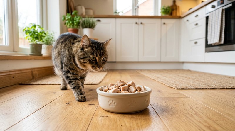Un cuenco con trocitos de pollo cocido para un gato sobre el suelo de una cocina cálida y ordenada, con un gato acercánd