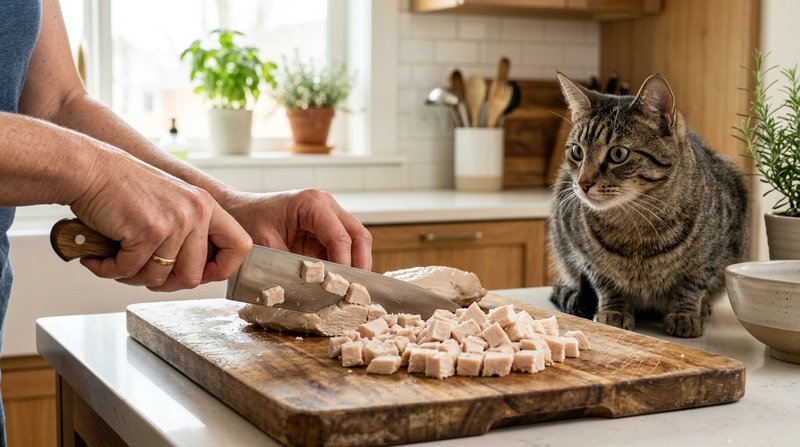 Unas manos cortando carne blanca cocida en cubos pequeños sobre una tabla de madera en una cocina luminosa, con un gato