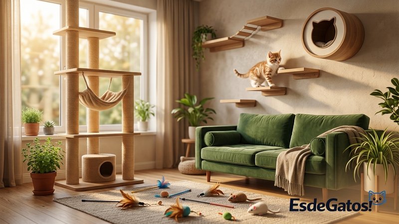 Un salón con un entorno enriquecido para gatos, con árbol rascador, estanterías, escondites y juguetes, y un gatito