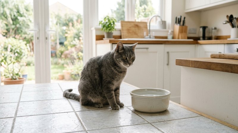 Un gato gris sentado junto a un cuenco de agua en el suelo de una cocina luminosa, mirándolo sin beber con gesto indifer