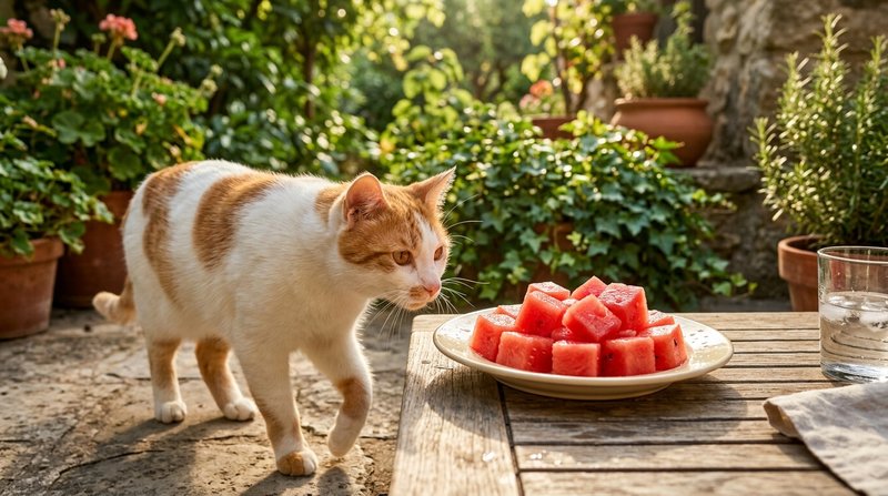 Un gato blanco y naranja acercándose con interés a unos daditos fríos de sandía sobre un plato en una terraza soleada de