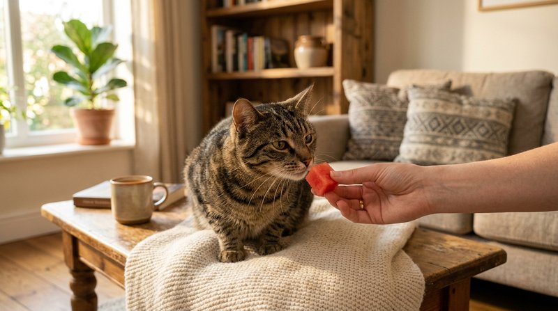Un gato atigrado oliendo con delicadeza un pequeño dadito de sandía que le ofrece una mano en un salón cálido y luminoso