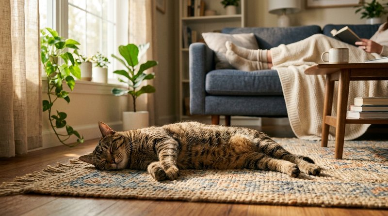 Un gato atigrado profundamente relajado con los ojos entornados, tumbado de costado sobre una alfombra junto al sofá don