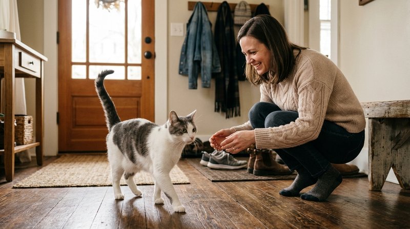 Un gato blanco y gris acercándose con la cola erguida y la punta curvada hacia su cuidadora agachada en el recibidor de