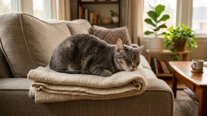 Un gato gris en postura de hogaza de pan, con las patas recogidas bajo el cuerpo y expresión serena, sobre una manta dob