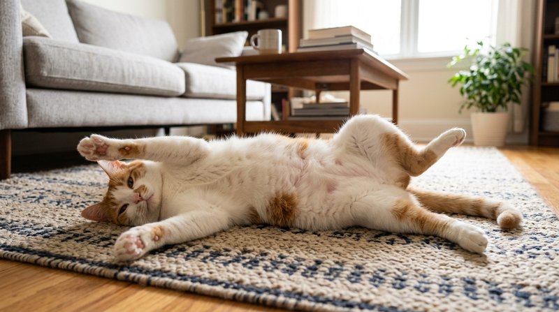 Un gato blanco y naranja tumbado panza arriba en el suelo de un salón, mostrando la barriga descubierta con las patas es