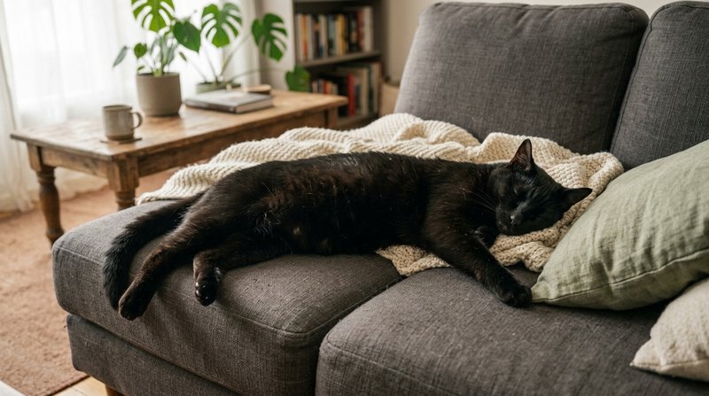 Un gato negro durmiendo profundamente estirado en el centro de un sofá, con el cuerpo suelto y sin rastro de tensión, sa