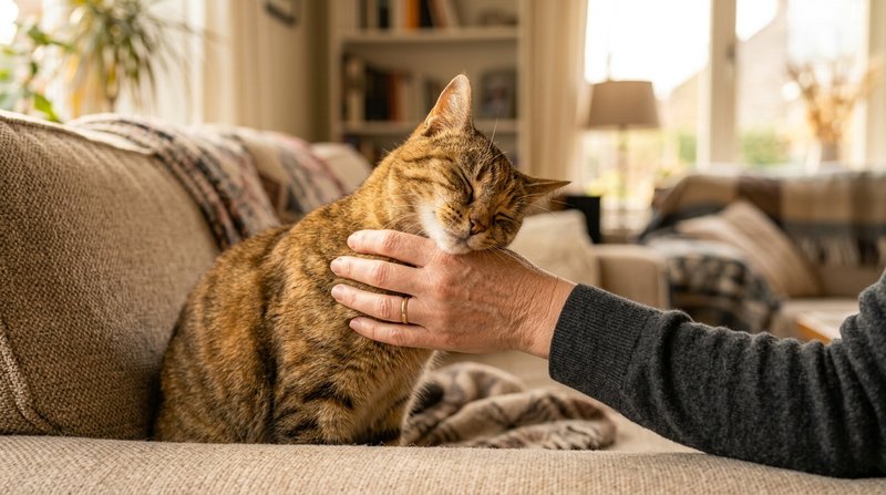 Un gato atigrado frotando la cabeza y la mejilla contra la mano de su cuidador sentado en el sofá, primer plano detallad