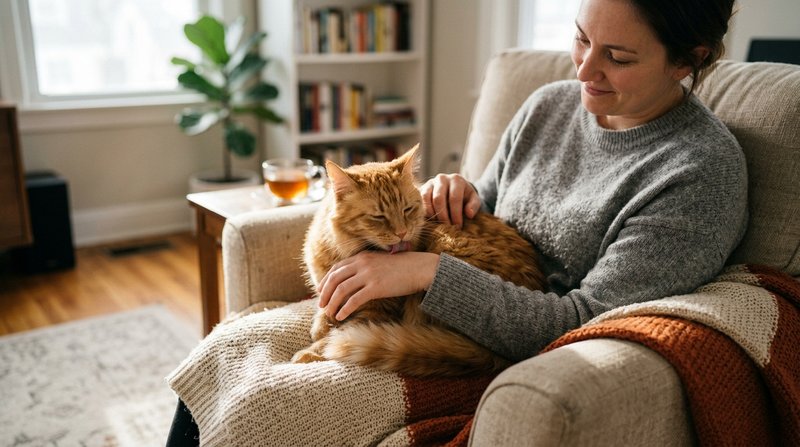 Un gato pelirrojo lamiendo con suavidad el dorso de la mano de su cuidadora mientras descansa en su regazo, escena hogar