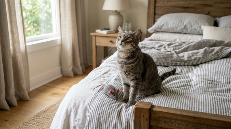 Un gato gris atigrado sentado junto a un ratón de juguete que acaba de dejar a los pies de la cama, mirando hacia arriba