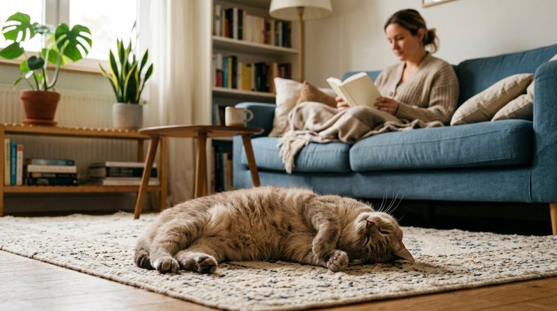 Un gato marrón claro tumbado de costado y ronroneando en una alfombra, dando la espalda relajada a su cuidadora que lee