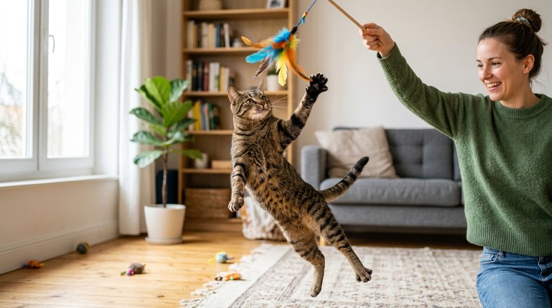 Un gato atigrado saltando para atrapar un juguete de plumas atado a una caña que sostiene su cuidadora, movimiento dinám