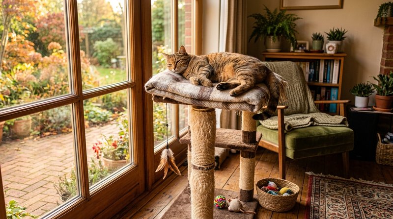 Un gato relajado y confiado descansando en lo alto de un rascador junto a una ventana, en un salón cálido con escondites