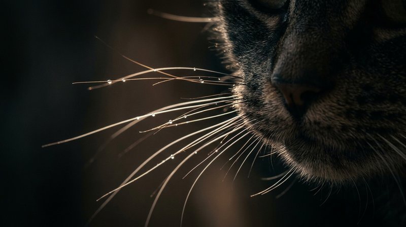 Un primer plano muy cercano de los bigotes de un gato, largos y finos, iluminados a contraluz para que resalten cada vib