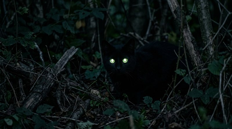 Un gato en penumbra con los ojos brillando intensamente como dos faros por el reflejo de una luz tenue, atmósfera noctur