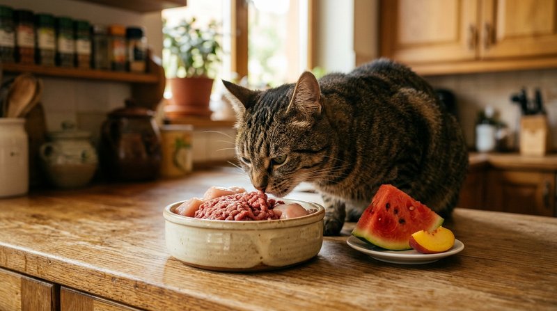 Un gato oliendo con interés un cuenco de carne fresca mientras ignora por completo un trozo de fruta dulce colocado al l