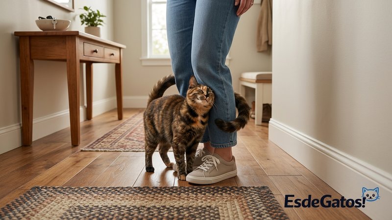 Un gato frotándose cariñosamente contra las piernas de su dueña en el recibidor de una casa cálida y hogareña, buscando