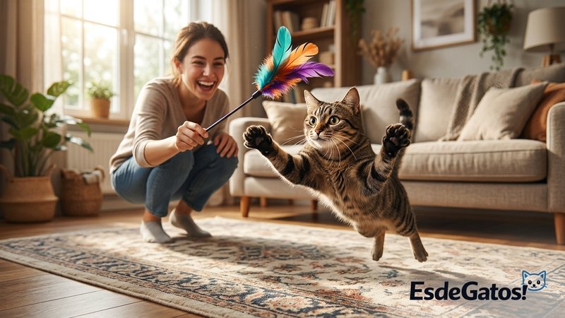 Una persona jugando con su gato usando una caña con plumas en el salón cálido y luminoso de su casa, el gato en pleno sa