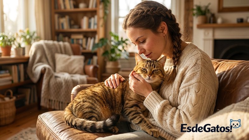 Una persona observando con atención y cariño a su gato en el salón cálido de casa, revisando con suavidad su estado y su