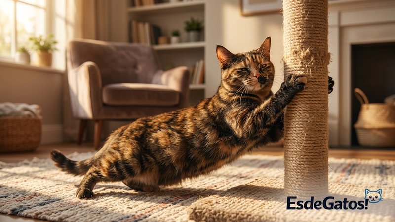 Un gato contento estirándose y afilando las uñas en un rascador de sisal colocado junto al sofá de un salón cálido y aco