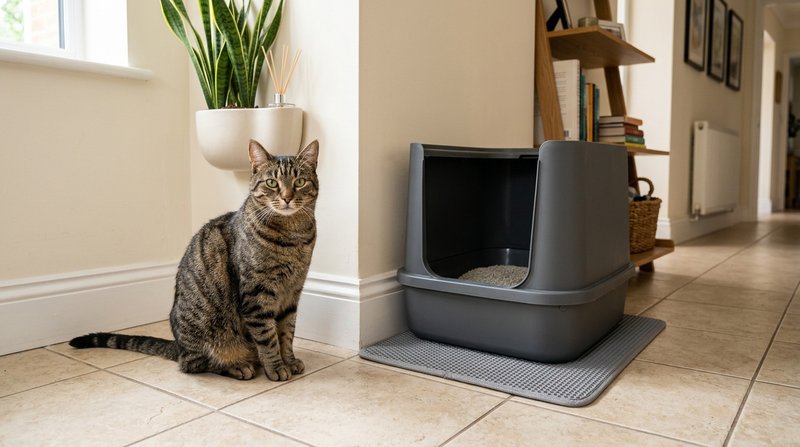 Un gato atigrado junto a un arenero limpio en un rincón discreto del hogar, con piso de baldosa clara, luz suave de inte