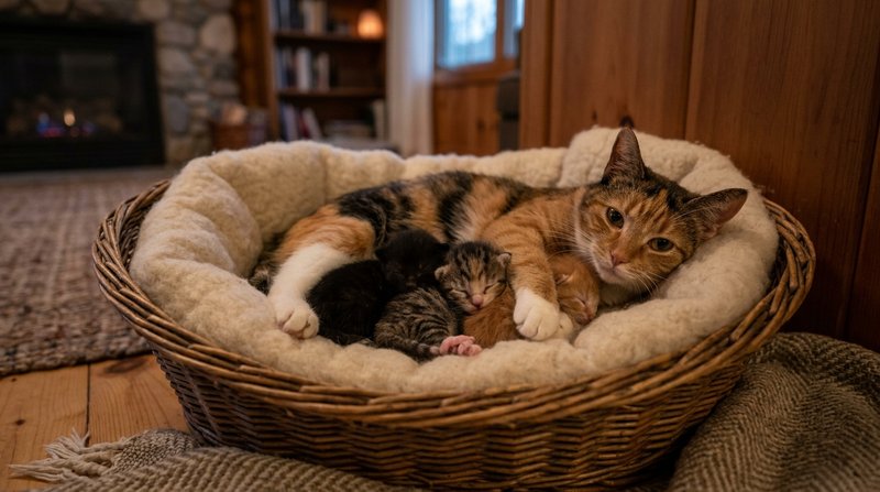 Una gata adulta recostada junto a sus gatitos recién nacidos en una cesta acolchada, en un rincón cálido del hogar, luz