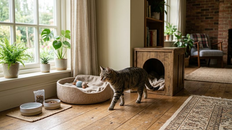 Un gato explorando con calma una habitación tranquila con su cama, sus cuencos y un escondite acogedor, luz natural entr