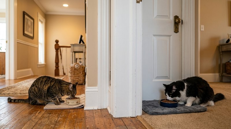 Dos gatos comiendo de sus platos a cada lado de una puerta cerrada de interior, en un pasillo hogareño de tonos cálidos,
