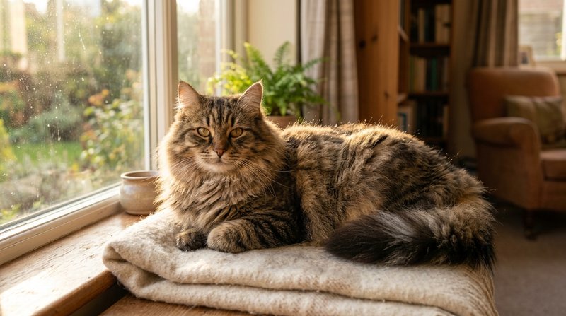 Un gato siberiano adulto imponente, de collar espeso y cola frondosa, tumbado al sol junto a una ventana de un salón hog