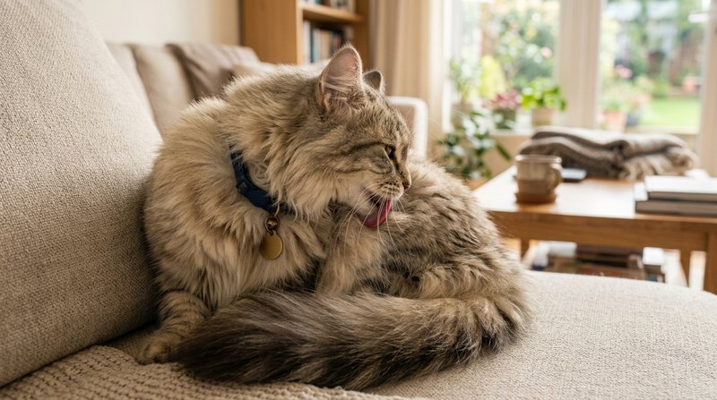 Un gato siberiano de pelo largo acicalándose con la lengua el pelo del hombro sobre un sofá claro de un salón hogareño,