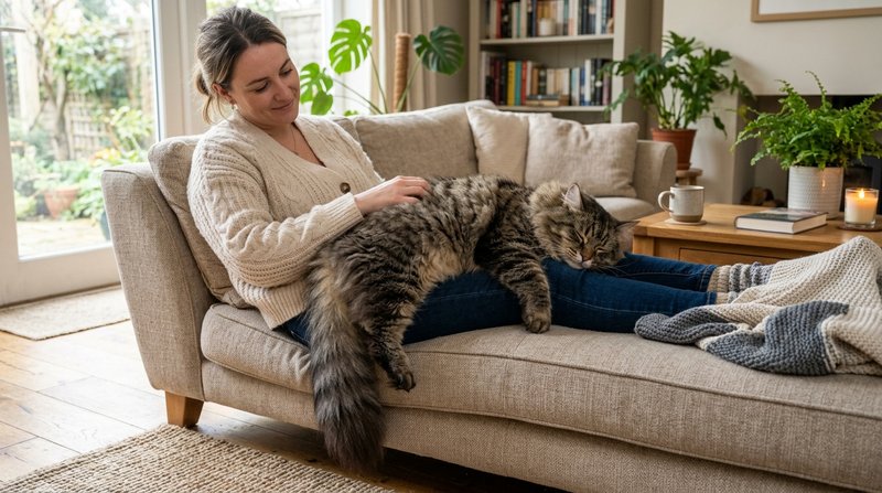Un gato siberiano enorme y peludo tumbado sobre las piernas de una mujer sentada en el sofá de un salón luminoso, ella a