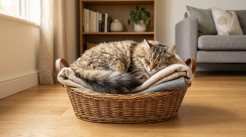 Un gato siberiano de manto espeso durmiendo enroscado sobre una manta doblada dentro de una cesta, en el rincón de un sa