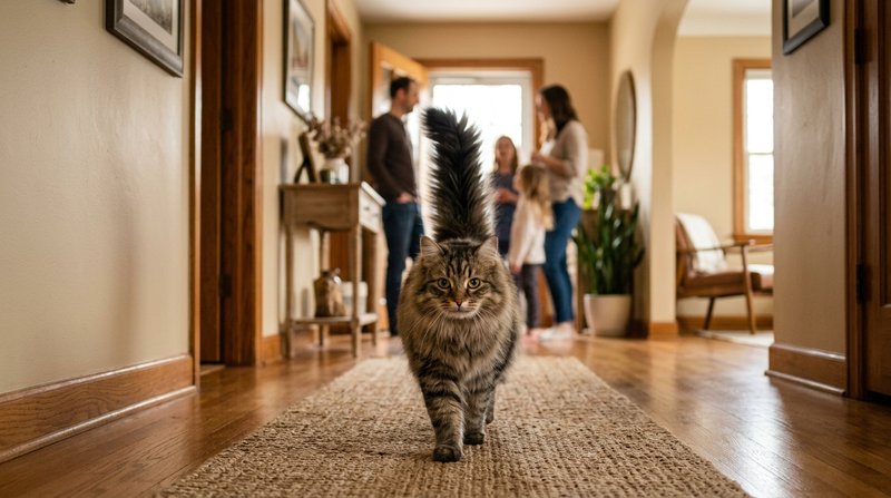 Un gato siberiano de pelo largo caminando hacia la cámara por el pasillo de una casa con la cola levantada en señal de s