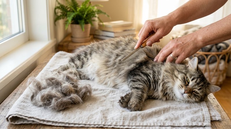 Unas manos cepillando con un peine metálico el lomo de un gato siberiano tumbado sobre una toalla clara, con un montón d